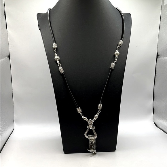 ID Badge Silver Tone and Black Cord Necklace with Ornate Metalwork - Picture 1 of 11